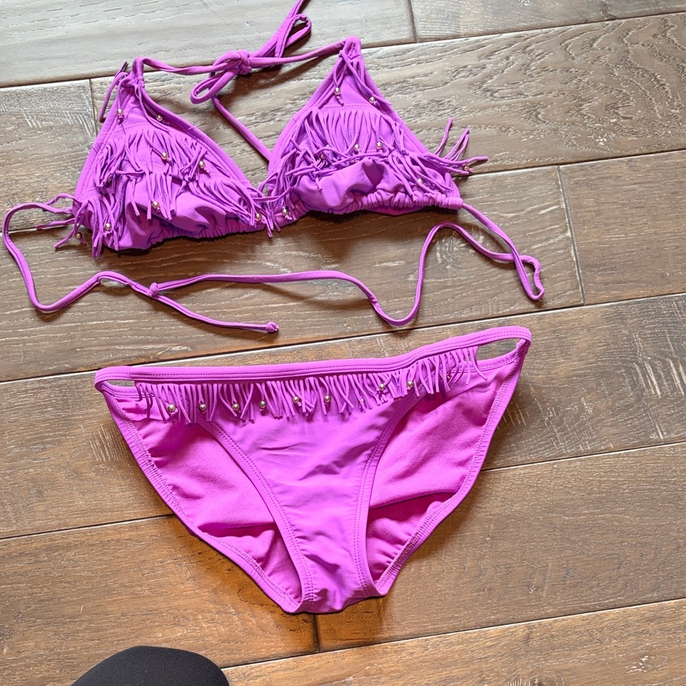 Fringe Triangle Bikini Set in purple